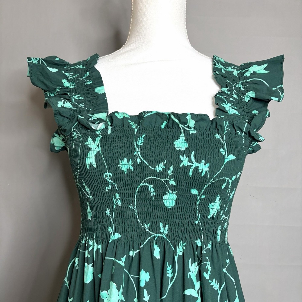 Hill House Home Nap Dress M Green Botanical Smocked Preppy Resort Cotton Midi - Picture 6 of 7